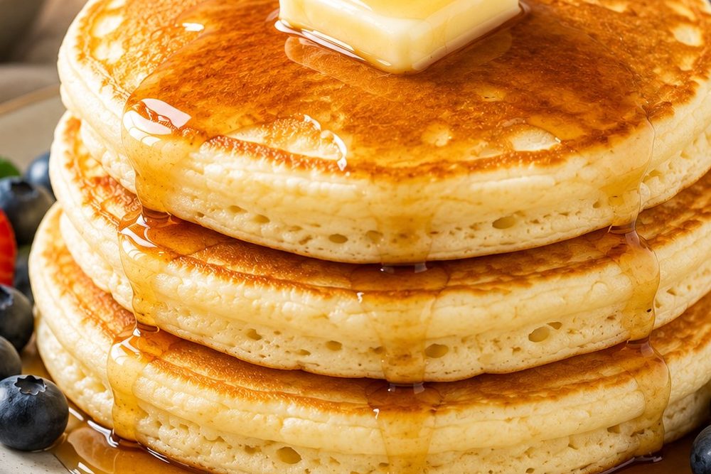 Close view of the fluffy pancake stack showing the airy, open crumb inside each pancake
