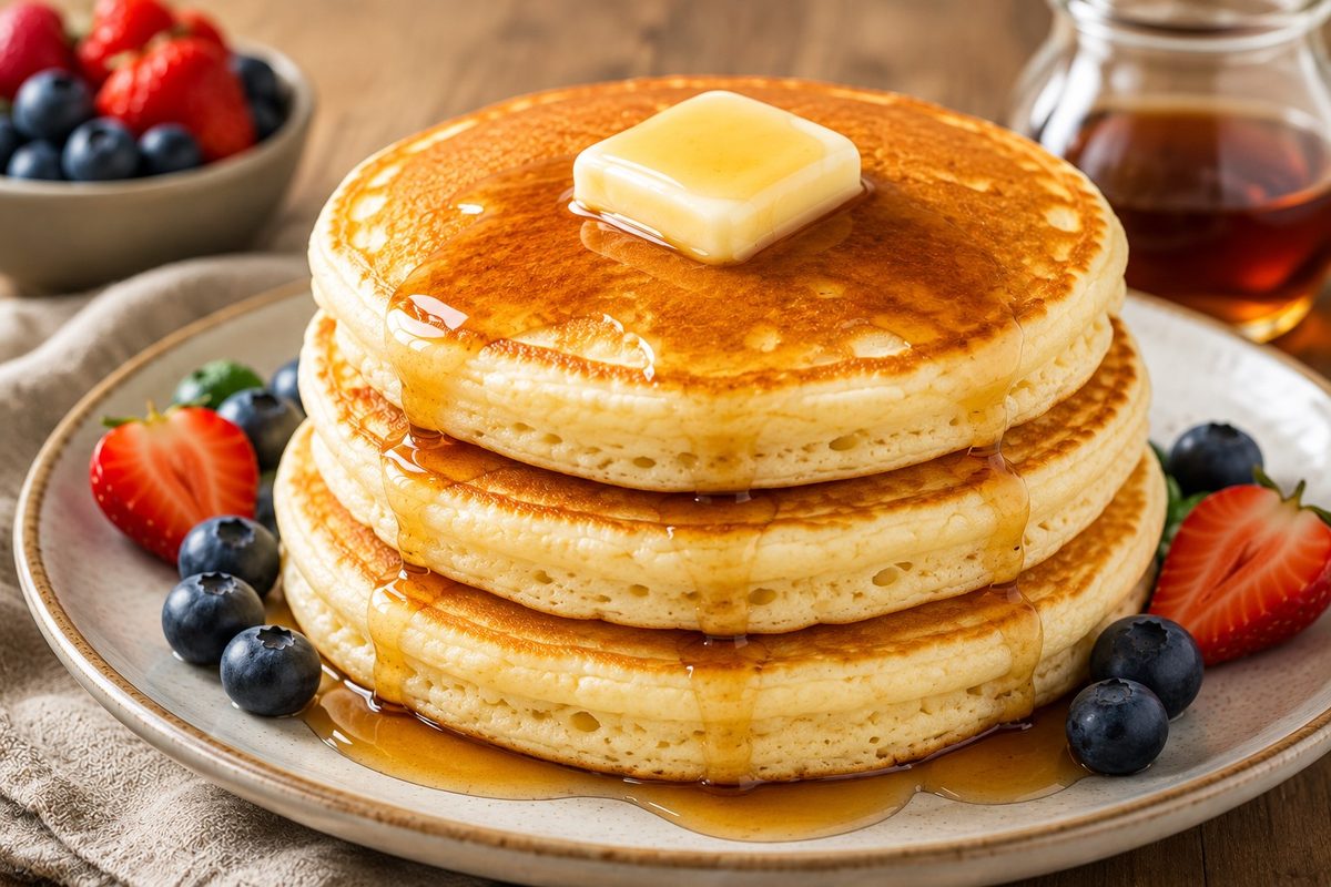 A tall stack of fluffy pancakes made with this fluffy pancake recipe, with melting butter and maple syrup running down the sides