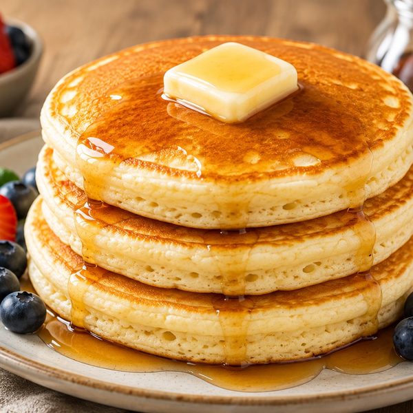 Fluffy pancakes served on a plate with fresh strawberries and blueberries